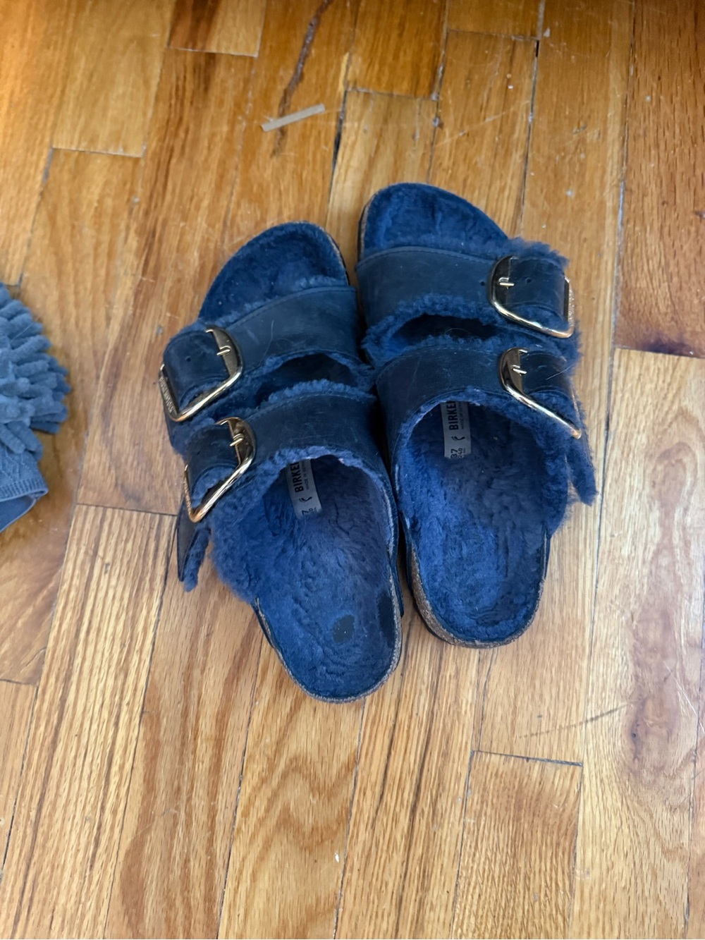 Birkenstock Navy Faux-Shearling Two-Buckle Slide Sandals